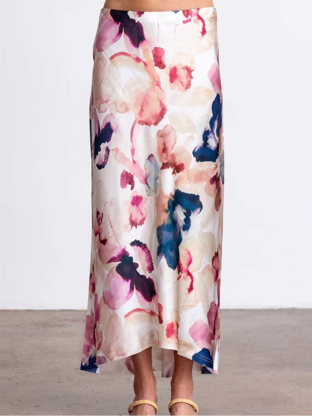 GoSilk - S248 Floral Watercolor Midi Slip Skirt - White with Pink & Blue